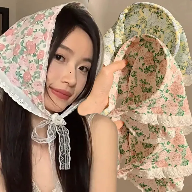 

New French Style Floral Lace Women Triangle Headscarf Sun Protection Breathable Tie Straps Vintage Summer Sweet Hair Clasp