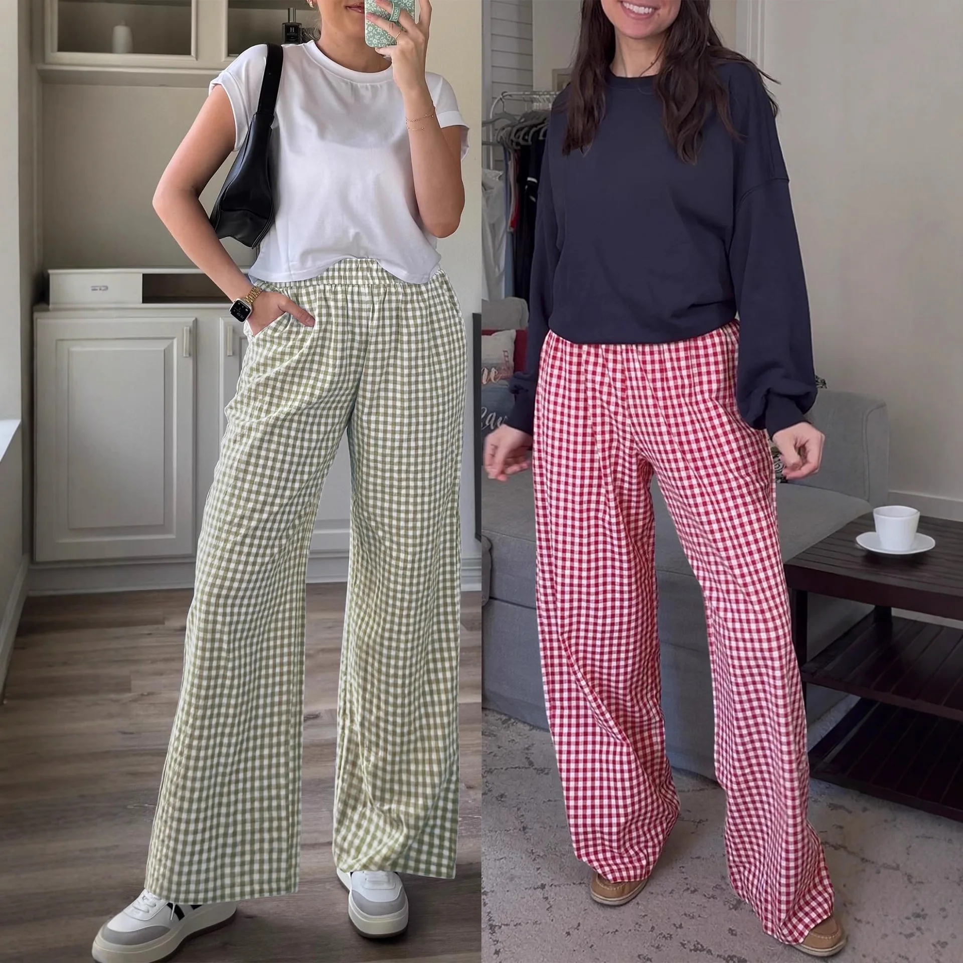2026 Summer Women's Pants Fashion Checkered Printed Loose Wide Leg Pants High Waisted Pocket Casual Palazzo Trousers Pantalones