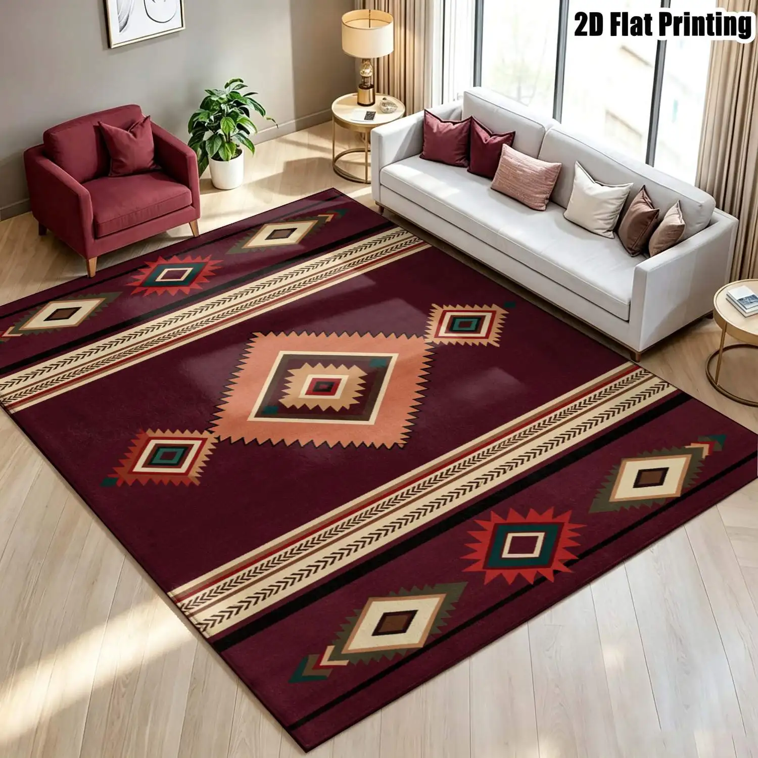 1Pc 2D Printed Burgundy Geometric Diamond Pattern Carpet: Nordic, Modern Minimalist, Vintage, Bohemian Style, Geometric Striped, Machine Washable, Multi-Size, Ideal for Home Decoration, Entrance/Dining/Foyer/Bedroom/Living Room