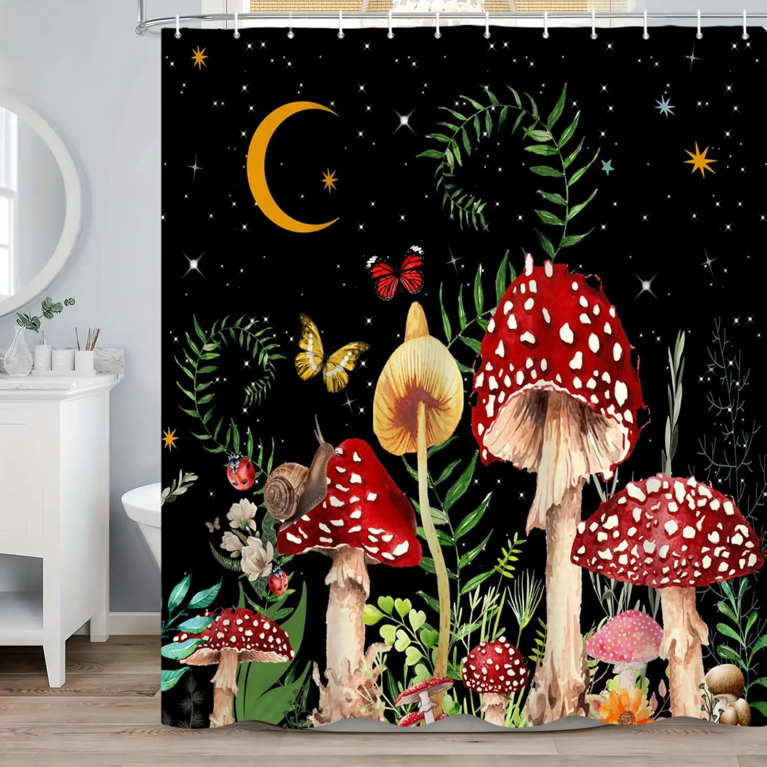 

Renaiss 72x72 дюймов грибная занавеска для душа в стиле бохо ретро красные грибы бабочка ботанические полевые цветы зеленое растение звездная ночь S