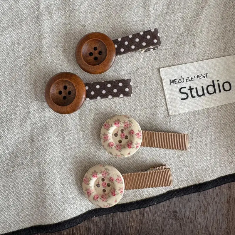Vintage Button Hair Clips For Women Wooden Floral Barrettes Polka Dot Ribbon Details Hair Accessories Jewelry
