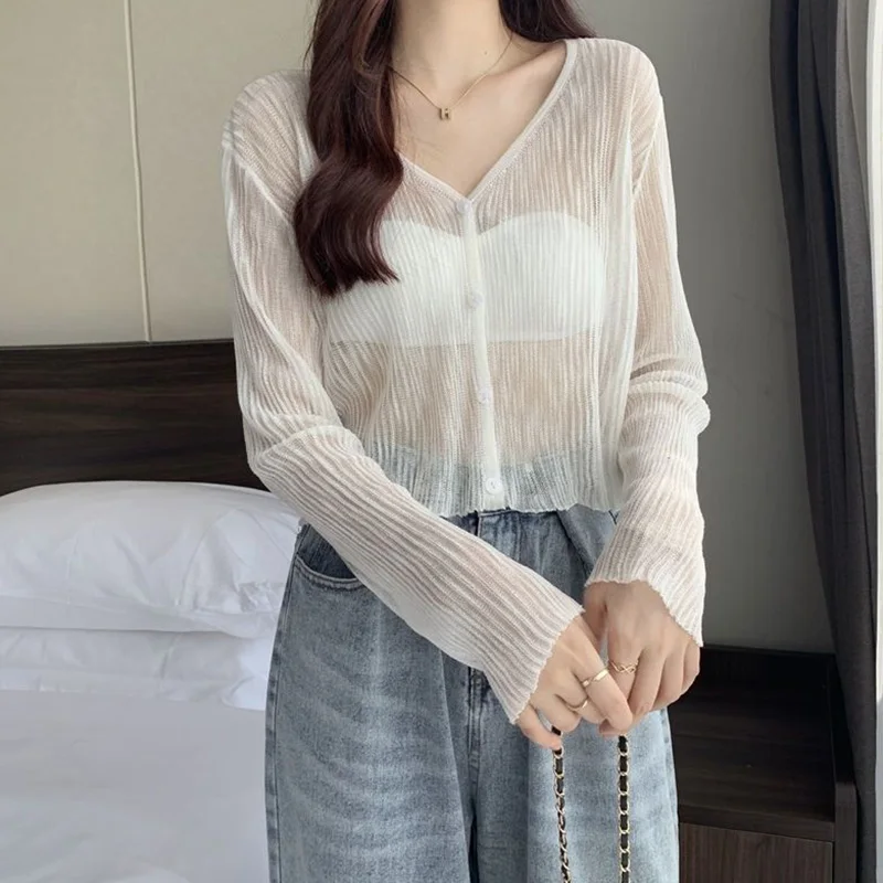 Pink Knitted Cardigan Women Korean Single-Breasted Ice Silk Sunscreen Tops Woman 2023 Summer See Through Thin Long Sleeve Coat