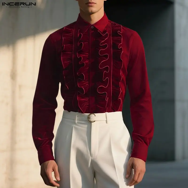 INCERUN Men Shirt Solid Color Velour Ruffle Lapel Long Sleeve Casual Men Clothing Streetwear Fashion Elegant Tops Camisas S-5XL