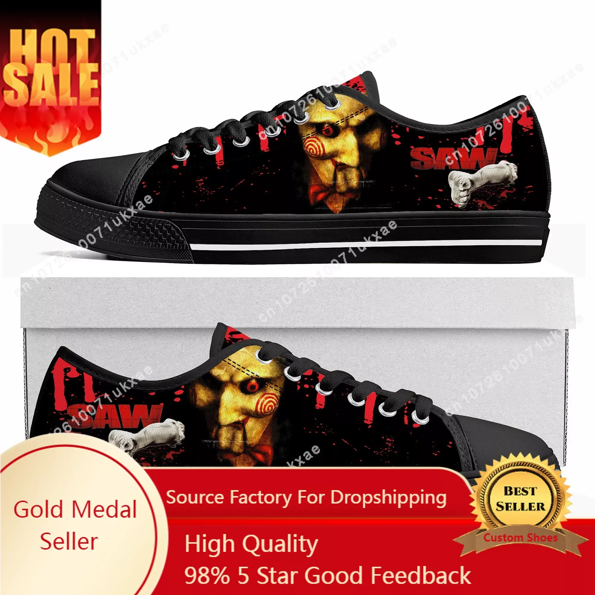 Saw Movie Horror Jigsaw Puppet Halloween Low Top Sneakers Mens Womens Teenager Canvas Sneaker Casual Custom Shoes Customize Shoe