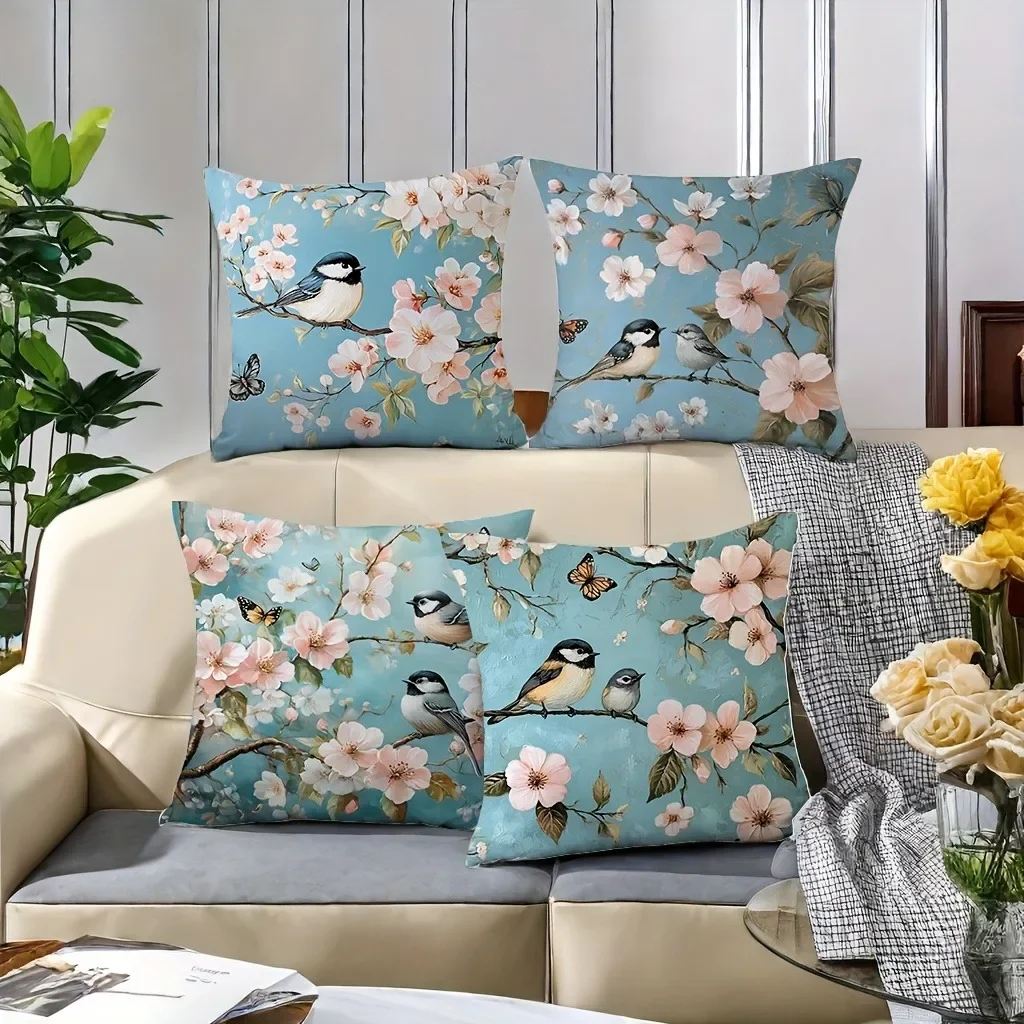 Spring Elements Birds Flowers Branches Pattern Pillowcase Bedroom Sofa Decorative Cushion Cover With Zipper Soft Cushion Cover
