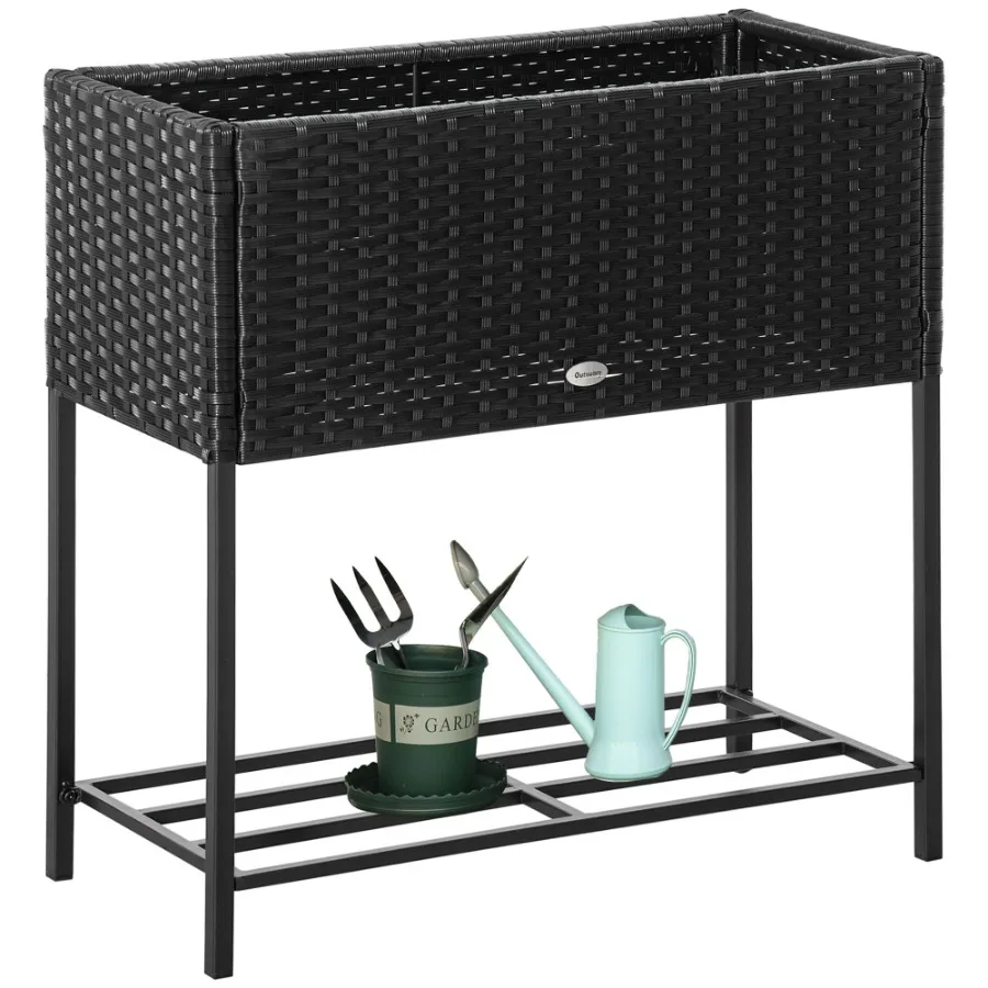 

Elevated Metal Garden Bed with Rattan Look and Tool Storage Modern Design Black