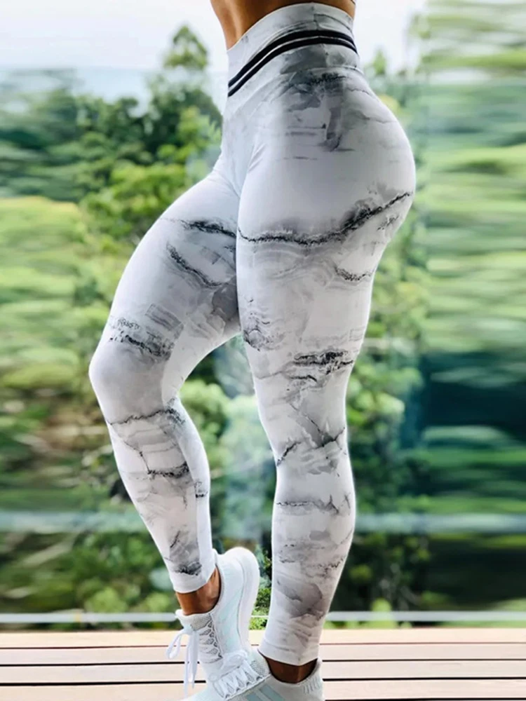 Legginsy Fitness damskie sportowe marmurowy nadruk sportowe sportowe spodnie do jogi sportowe rozciągliwe sportowe spodnie do biegania z wysokim stanem