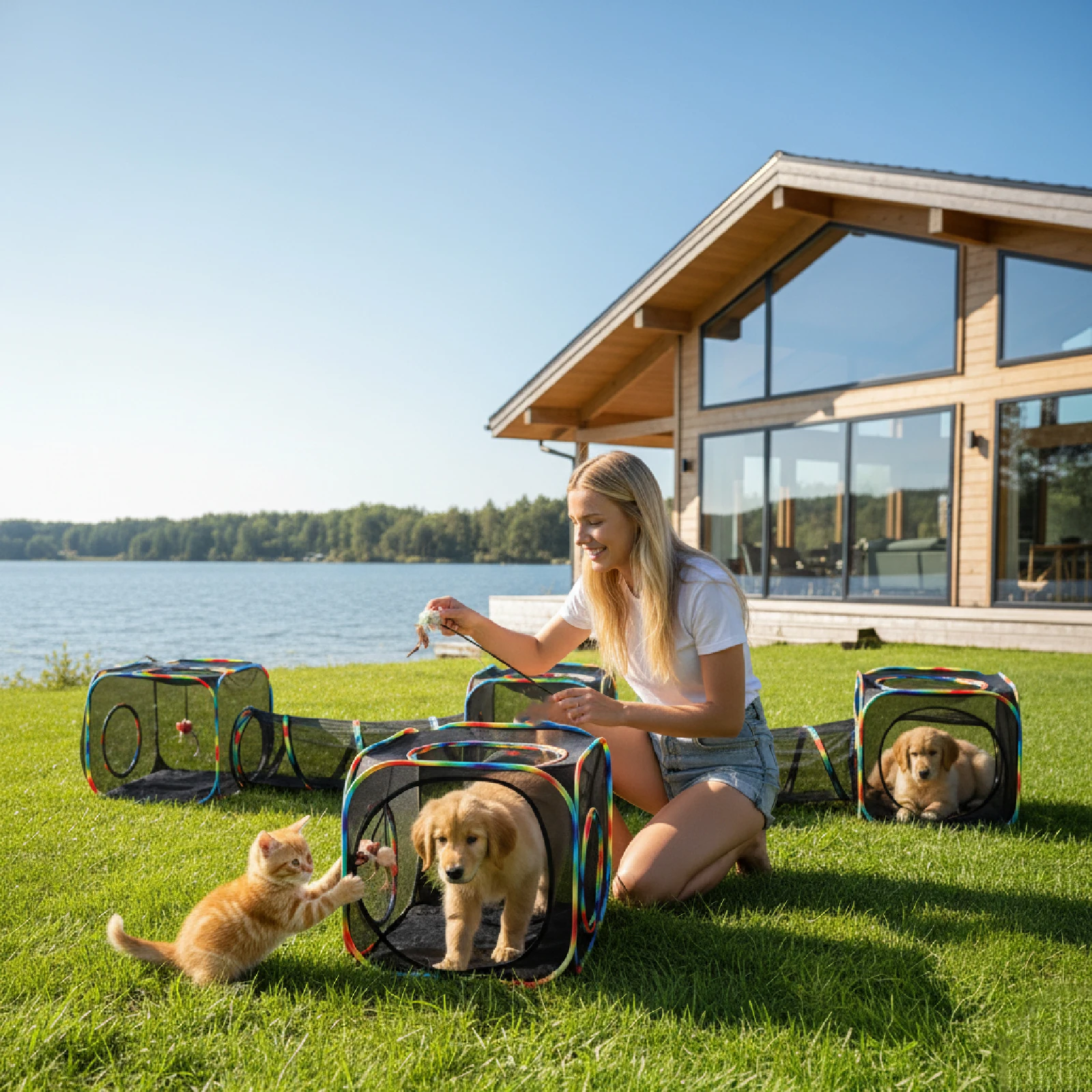 

Rainbow Cat Enclosure Outdoor Portable Mesh Cat Tent with Tunnel Game House Indoor/Outdoor Playground for Multiple Small Animals