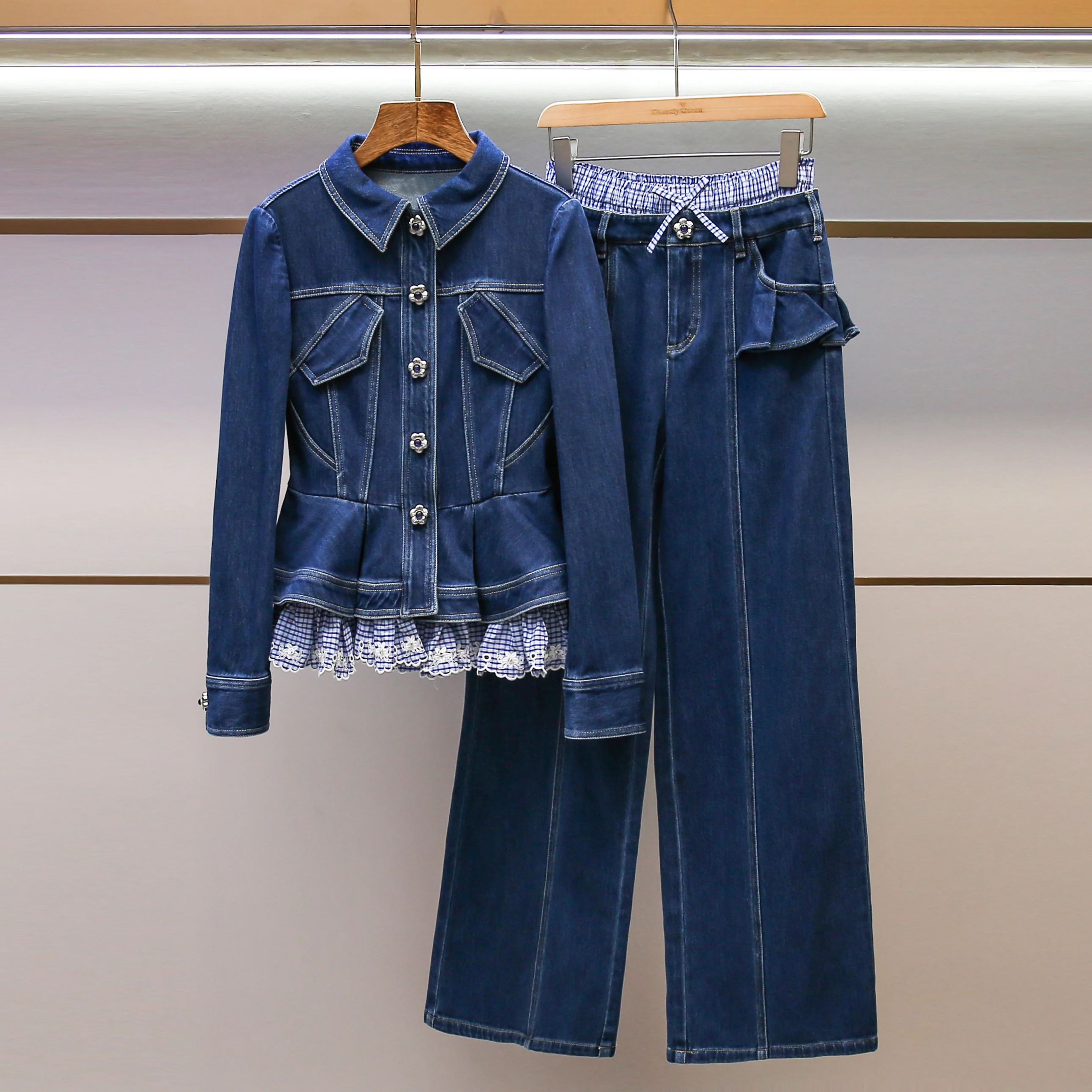 

High-End Women's Embroidered Patchwork Jaet Straight Leg Jeans Denim Set Autumn Faion Casual Classic Sle Long Sve Po...