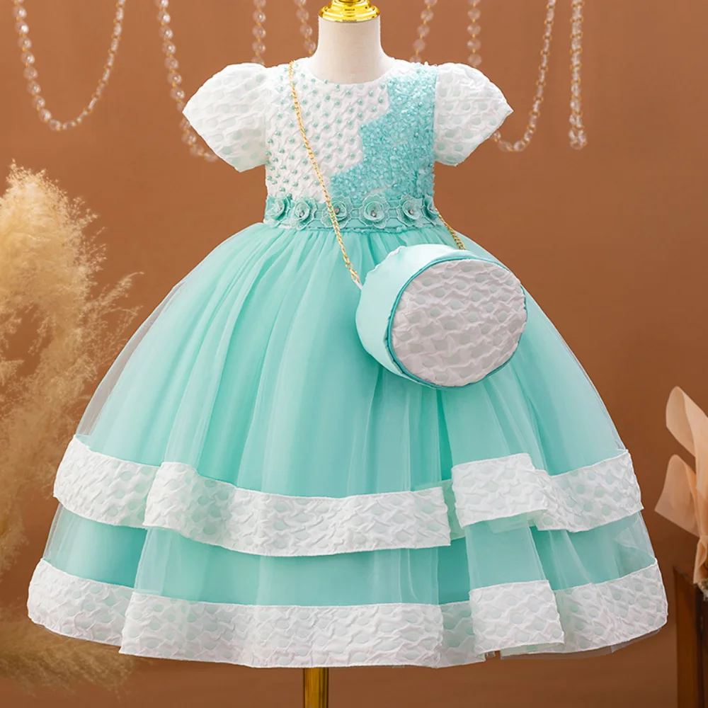 New Cute Girl Polka Dot Mesh Princess Dress Bubble Sleeves Beaded Sticker Wedding Flower Girl Birthday Party Dress with Bag