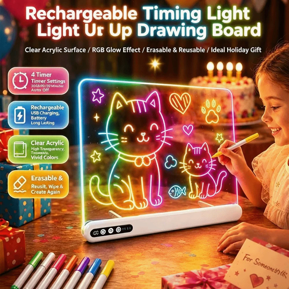 Light-Up Rechargeable LED Drawing Board Built-in Stand Erasable Acrylic Neon Board Art Writing Tablet Travel Activity