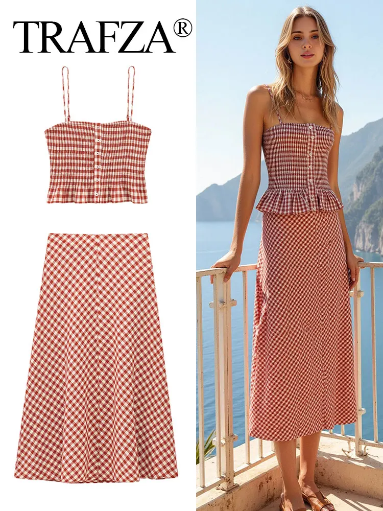 

TRAFZA Women Elegant Red Plaid Skrit Sets Short Sling Top Camis High Waist Midi Skirts Summer Casual Holiday Beach Outfits
