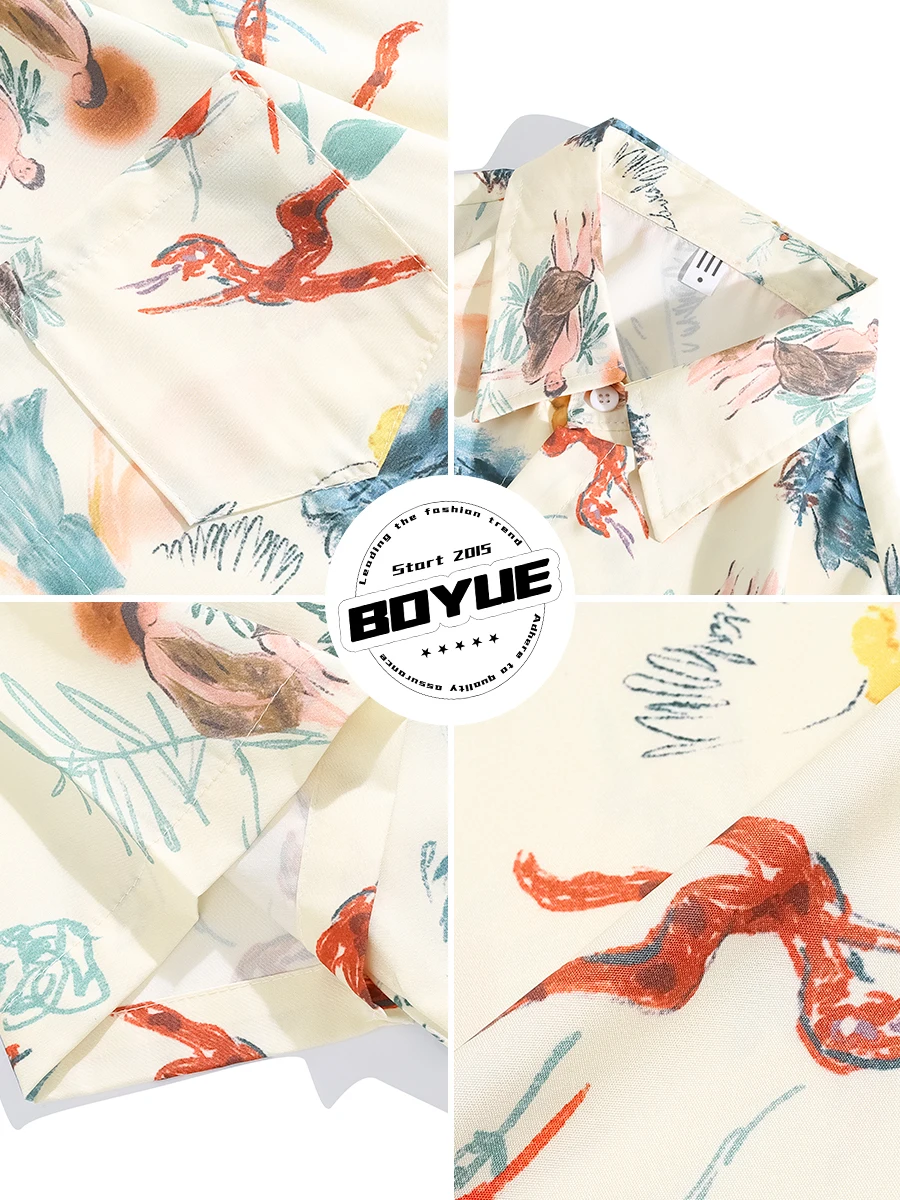 2025 Summer New Japanese Style Graffiti Colorful Print Short Sleeve Shirt Beach Vacation Style Men's Casual Shirt