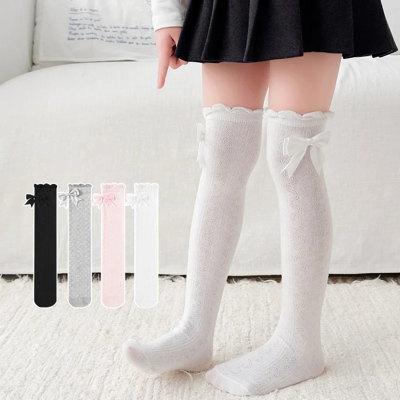 Lange Röhrensocken für Mädchen, Frühling/Sommer, dünne, gewellte Kniestrümpfe aus Baumwolle mit Schleife, süße Prinzessinnenstrümpfe – Detail 5