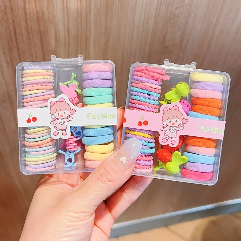 New Cute Box Set Children\'s New High Elasticity Elastic Band Candy Color Hair Tie Clip Hair Clip Rope Princess Accessories