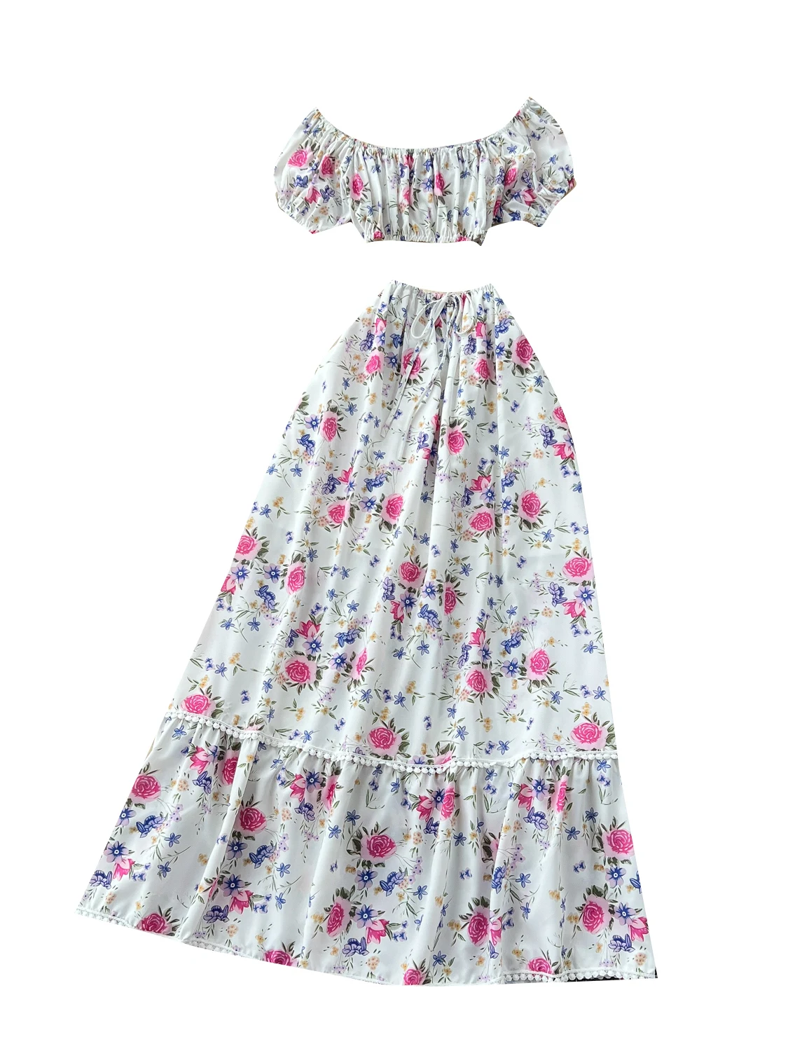 بلوزة صيفية بطبعة زهور مع تنورة نصفية عالية الخصر من الدانتيل، طقم أزياء نسائية للعطلات، بلوزة بكتف واحد وأكمام منتفخة