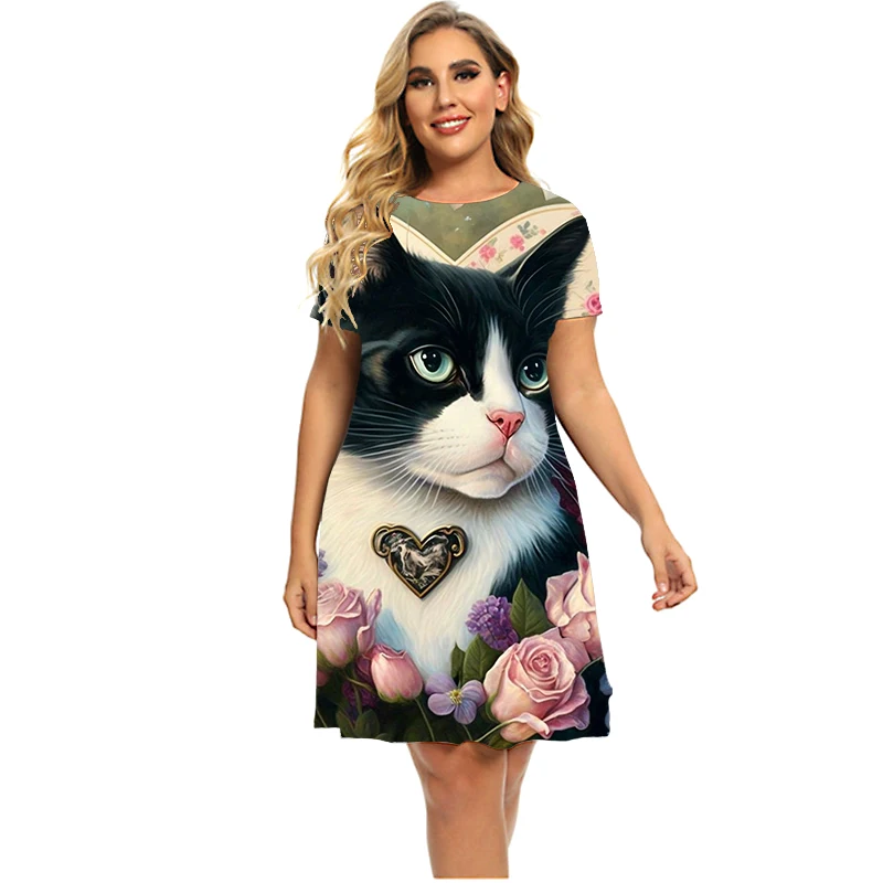 Gaun Wanita Gambar Cetak 3D Kucing Lucu Gaun A-Line Lengan Pendek Pesta Kasual Manis Gaun Longgar Ukuran Plus Musim Panas Pakaian Mode 6XL