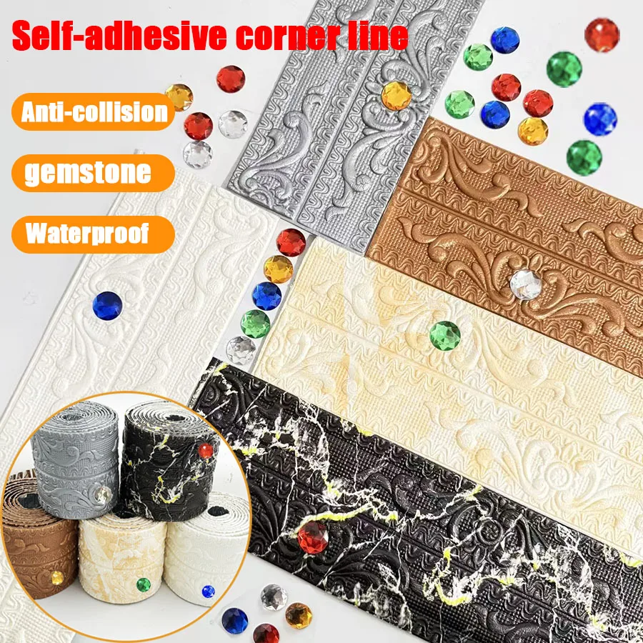 Jtengsys Oversize Wallpaper Border with Gemstone 3D Foam Skirting Self-Adhesive Flexible Wall Base Molding Decorative Frame Wall