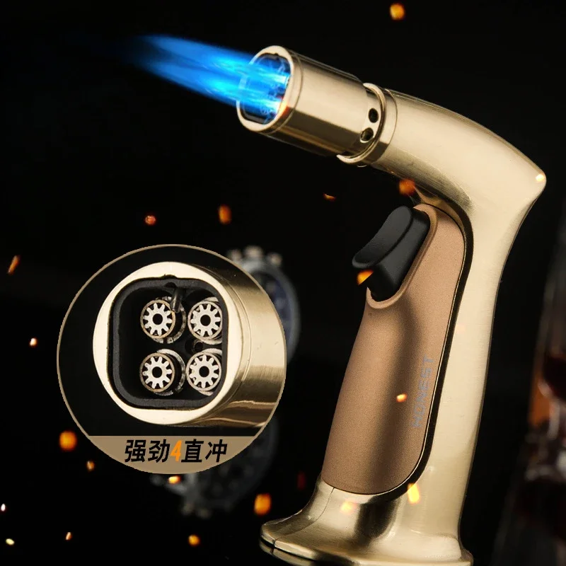 1300 C 4 Nozzle Fire Tube Gas Lighter Turbo Jet Torch Lighter Cigar Lighter Windproof Spray Gun for Outdoor Kitchen BBQ