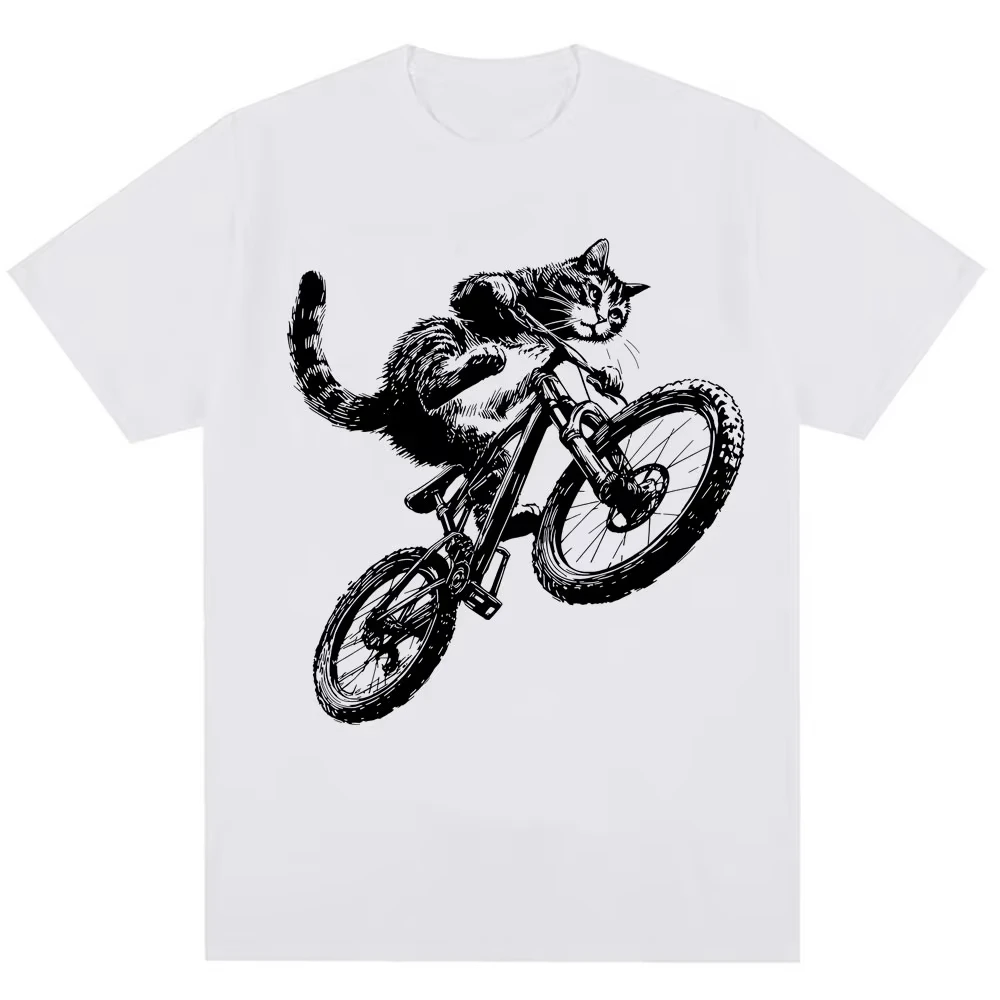 Funny Kitten Cat Riding Bicycle Meme Graphic T-shirts Men Women 90s Vintage T Shirt Oversized Cotton Casual Popular Tee Shirts