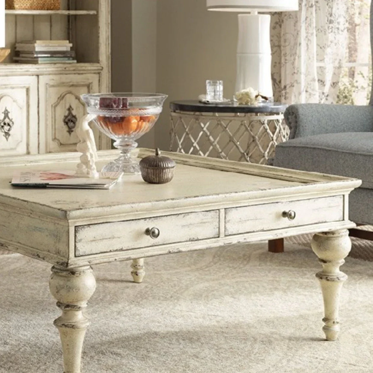 Solid Wood Tea Table French Pastoral Ivory White Antique Distressed Furniture with Drawer Solid Wood