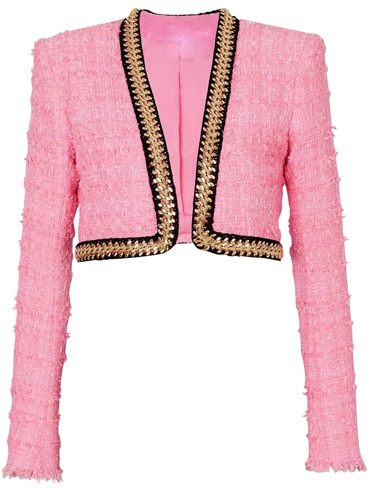

HIGH Quality Newest 2024 FW Designer Fashion Women's Chains Embellished Tweed Cropped Jacket