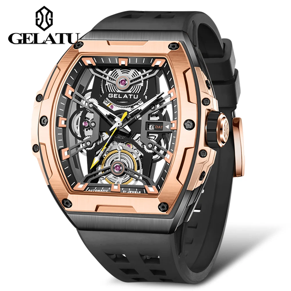 GELATU 6012 Automatic Mechanical Watches for Man Luxury Brand Fashion Silicone Strap Tonneau Shape Large Dial Men's Wristwatches
