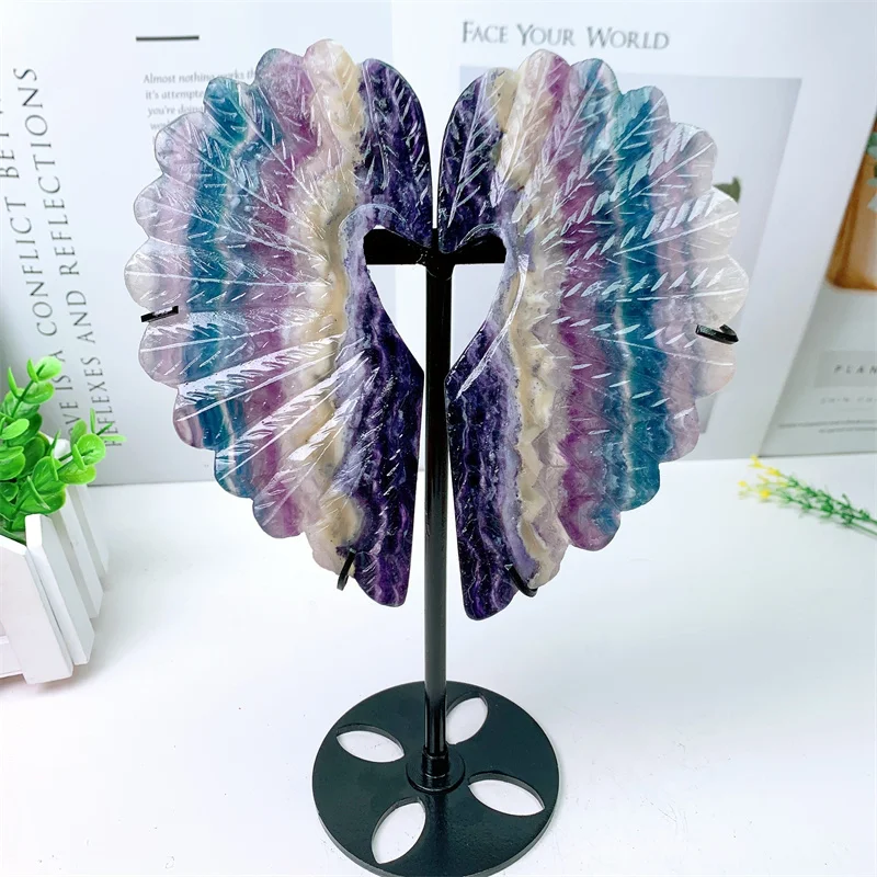 Natural Fluorite Peacock Feather Carving Wings with Stand, Energy Gemstone, Healing Stone, Home Decoration, 1Pair