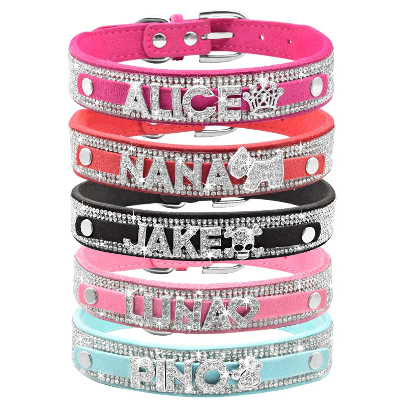 Personalizado Bling Rhinestone Dog Collar, nome personalizado, Glitter Diamond Letter, Nome Pet, pequeno, médio, cães grandes