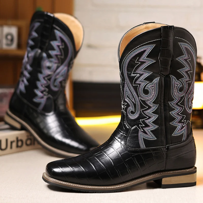 

Men Boots Mid Calf Western Cowboy Motorcycle Boots Male Autumn Outdoor PU Leather Totem Med-Calf Boots Retro Designed Men Shoes