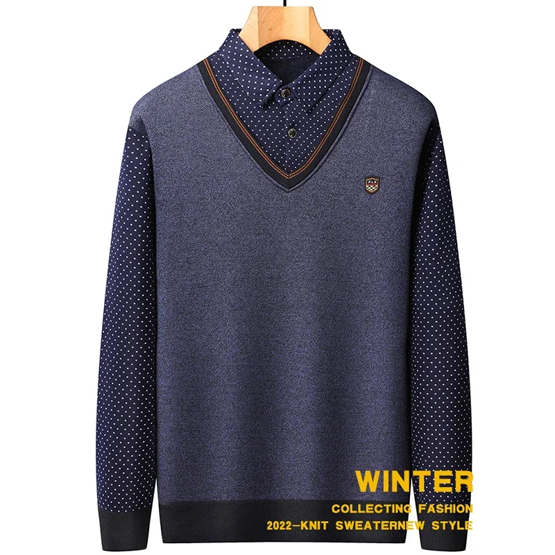 2024 L-4XL Autumn and Winter New Fake Two Piece Sweater Men's Plush Knitted Warm Inner Wear Casual Versatile Pullover Top