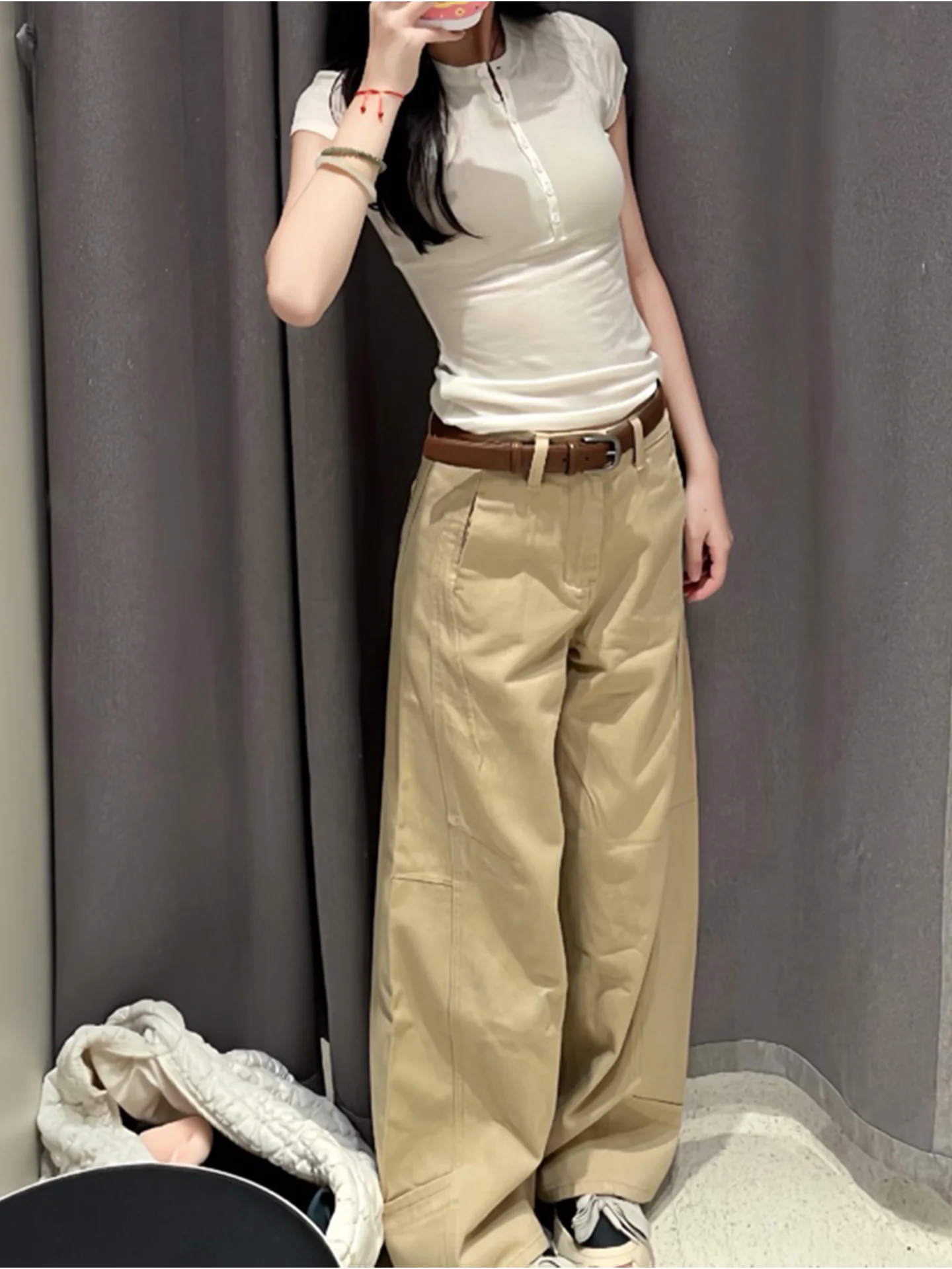 

plus Size American Style Khaki Denim Pants Women's Summer New BF Lazy Washed Slim Wide Leg High Waist Casual Jeans