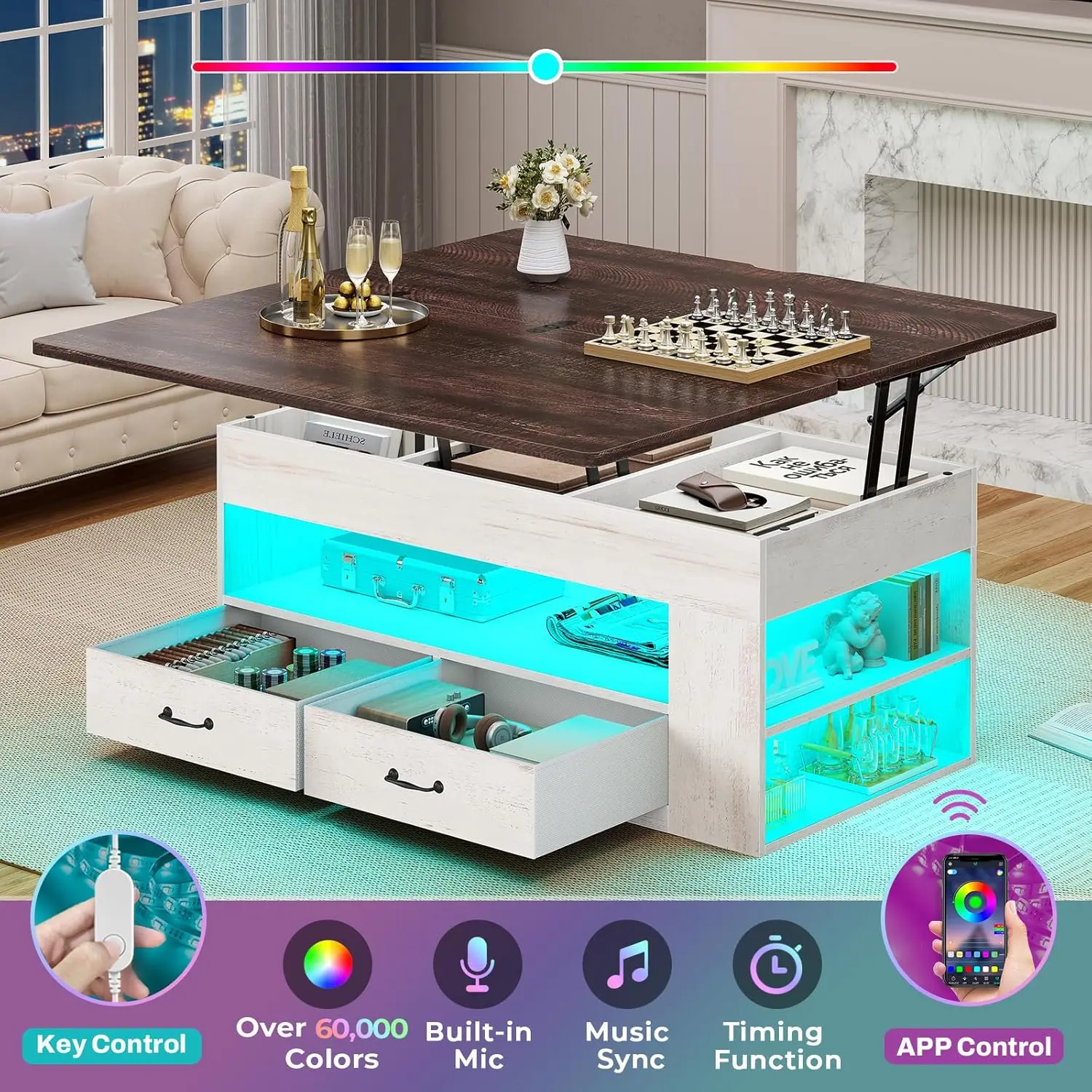 Lift Top Coffee Table, 4 In 1 Coffee Tables With Storage And Hidden Compartment, Farmhouse Coffee Table With 2 Fabric Drawers &