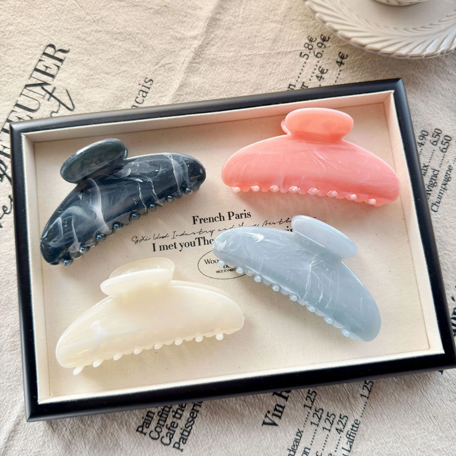 BYL 新氷透明大理石パターン髪の爪半円形クリップハイグレードフロー大型サメクリップヘアアクセサリー女性のための