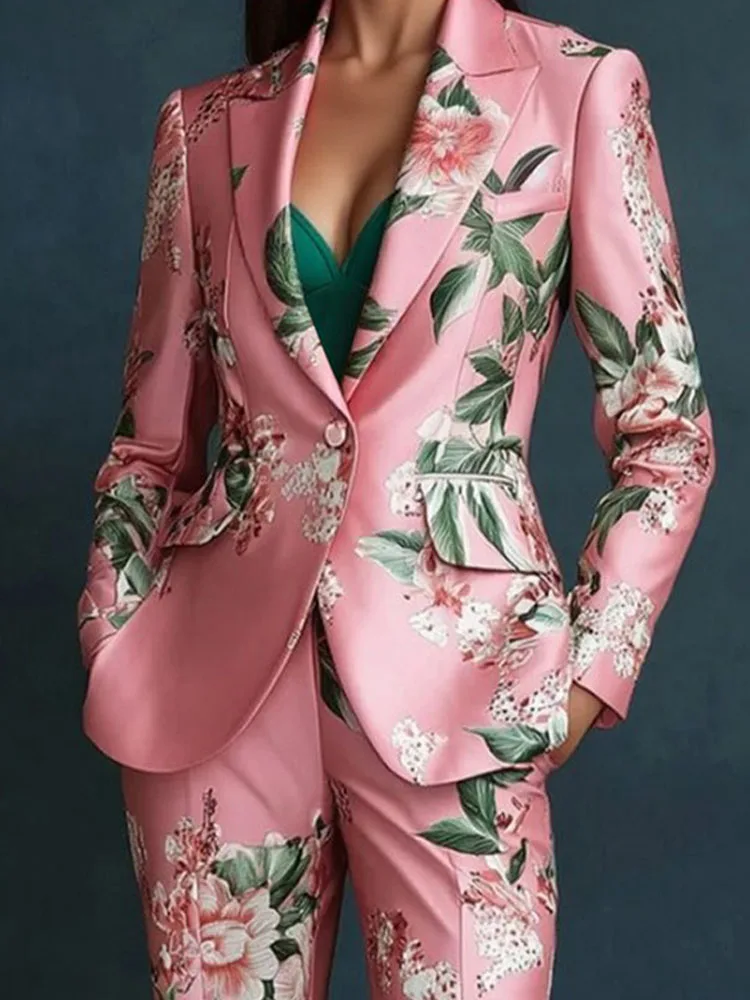 

Elegant Lapel Collar Coats with Pant Suit 2025 Casual Long Sleeve Pocket 2Pc Sets Women's Fashion Pattern Print Blazer Outfits