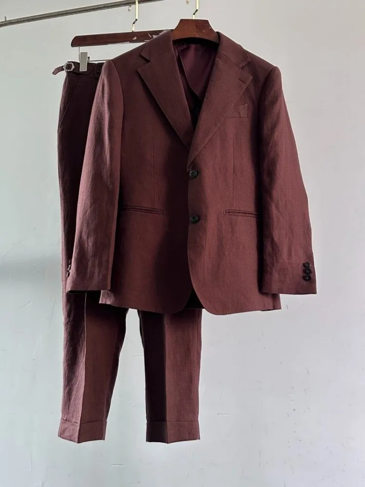 Male Business Leisure Pure Linen Blazers Pant Two-piece Set Retro Breathable Suits Set Slim Single Breasted Suit Jacket Outfits