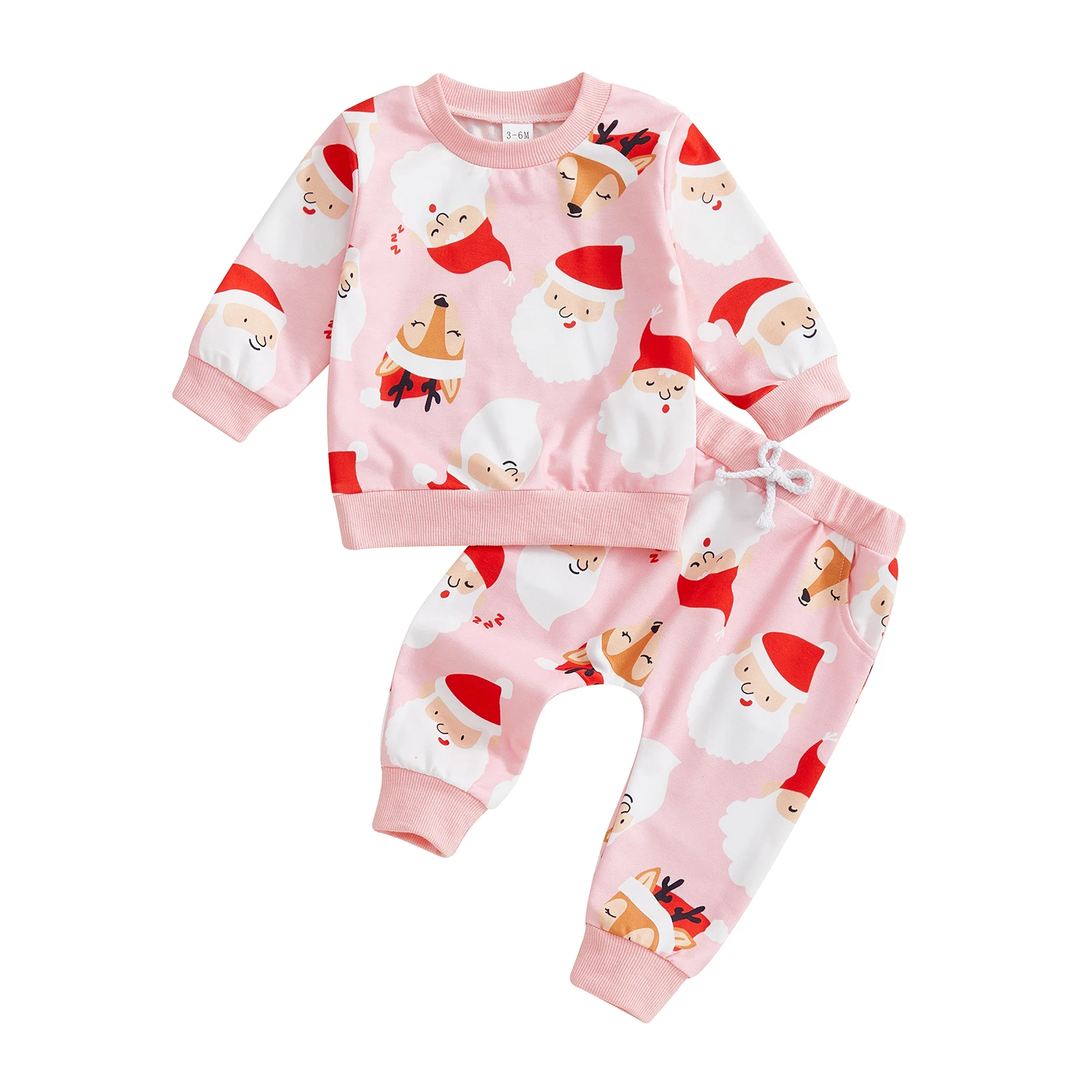 2026 السنة الجديدة طفل فتاة ملابس عيد الميلاد سانتا/القوس طباعة كم طويل الرقبة المستديرة البلوز مرونة الخصر السراويل الطويلة 2 قطعة مجموعة