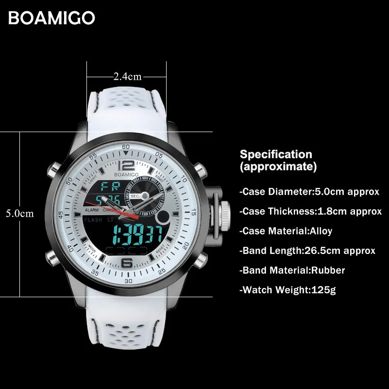 BOAMIGO Luminous Military White Quartz Waterproof Watch Top Brand Luxury Watch Men Sport Watch Rubber Strap Analog Digital Watch