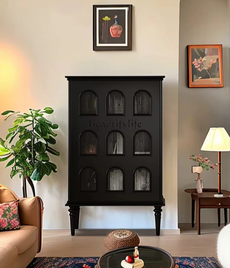 

French retro black dining side living room side cabinet light luxury solid wood home glass door wine cabinet