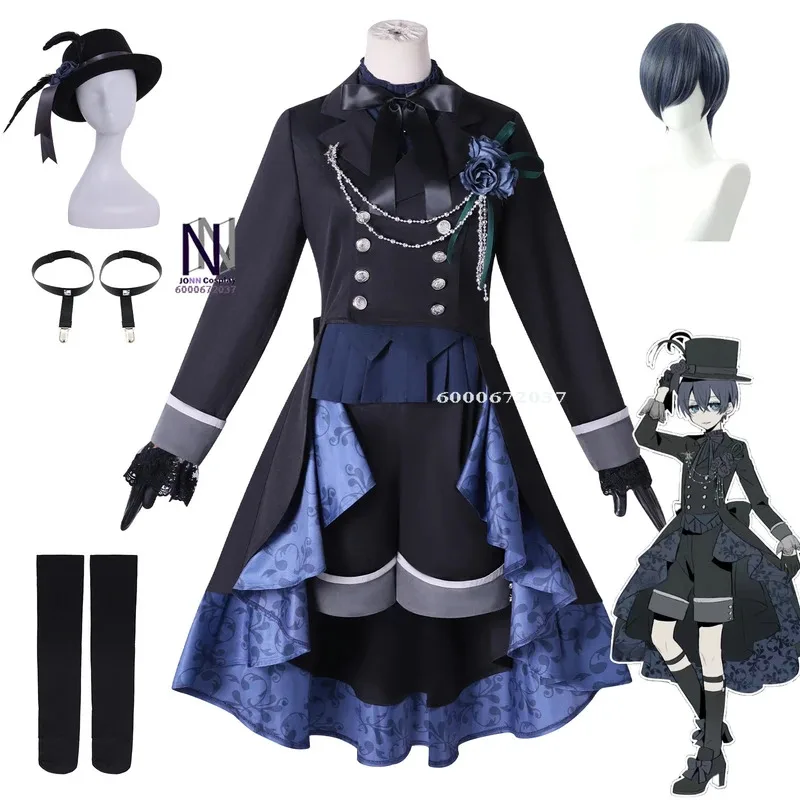 

New Arrival Anime Black Butler Ciel Cosplay Costume Black Rose Anime Clothe Hat Wig Full Set for Women Halloween Party Role Play