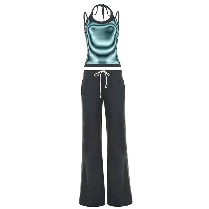 Women's Casual Sporty Style Neck Hanging Striped Top+ Lace Up Pants Two Piece Set