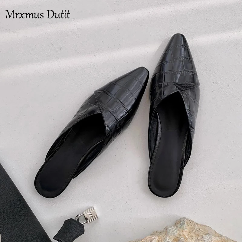 Mrxmus Dutit 2023 Women Fashion Genuine Leather Moroccan Style Pointed Head Slippers Flat Casual Versatile Shoes Female Chic