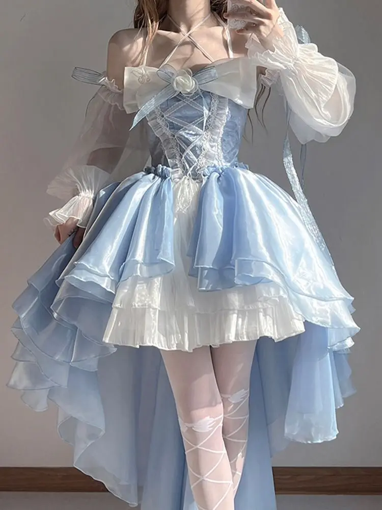 Japan Blue Lolita Hanging Neck Strapless Dress Women Front Short and Back Long Vestidos Large Bow Flower Princess Dress Women