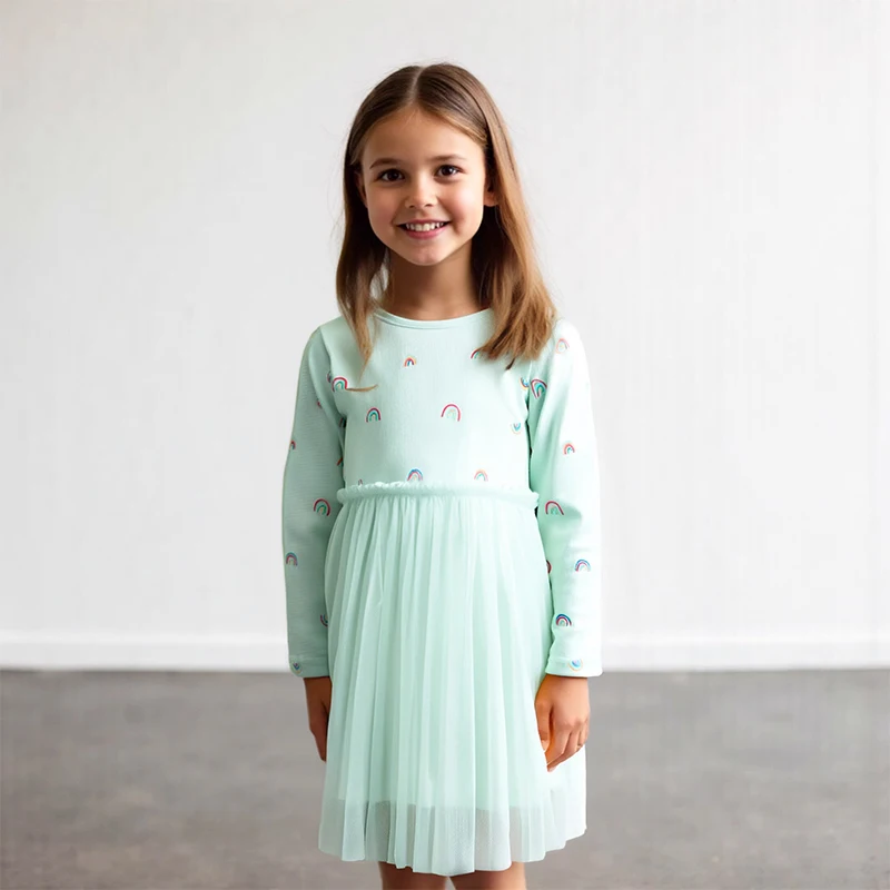 

Little maven Girls Mesh Dress Autumn Baby Girls Long Sleeve Dresses Rainbow Pattern Children's Casual Dresses for Party Dress