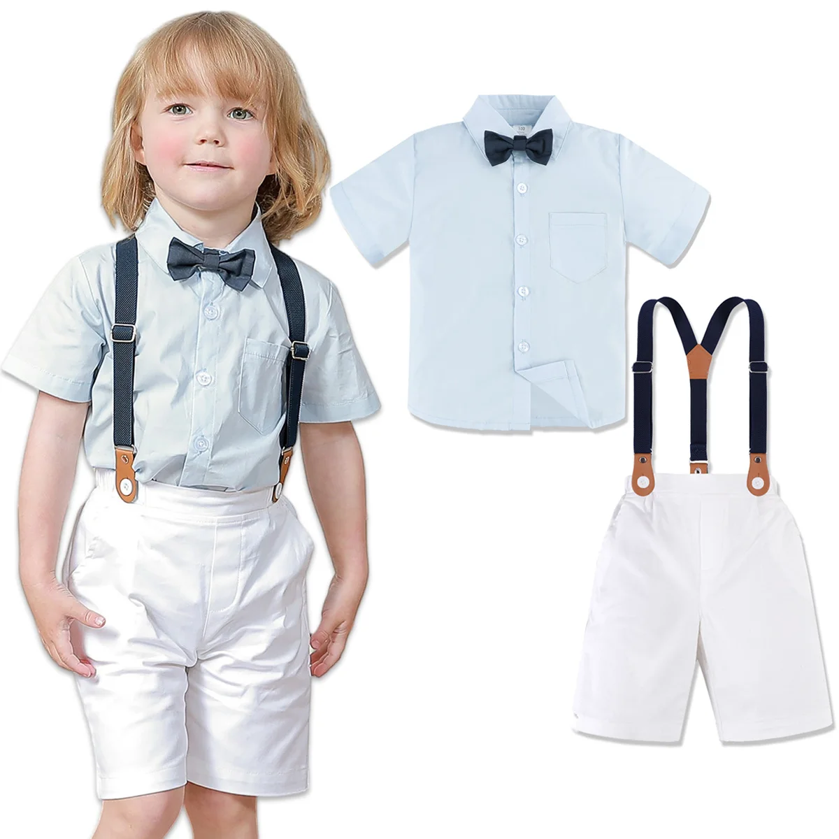 Baby Boys Wedding Outfits Infant Gentleman Toddler Bow Tie Tops+Suspender Shorts Set Birthday Party 2PCS Summer Clothing Suit