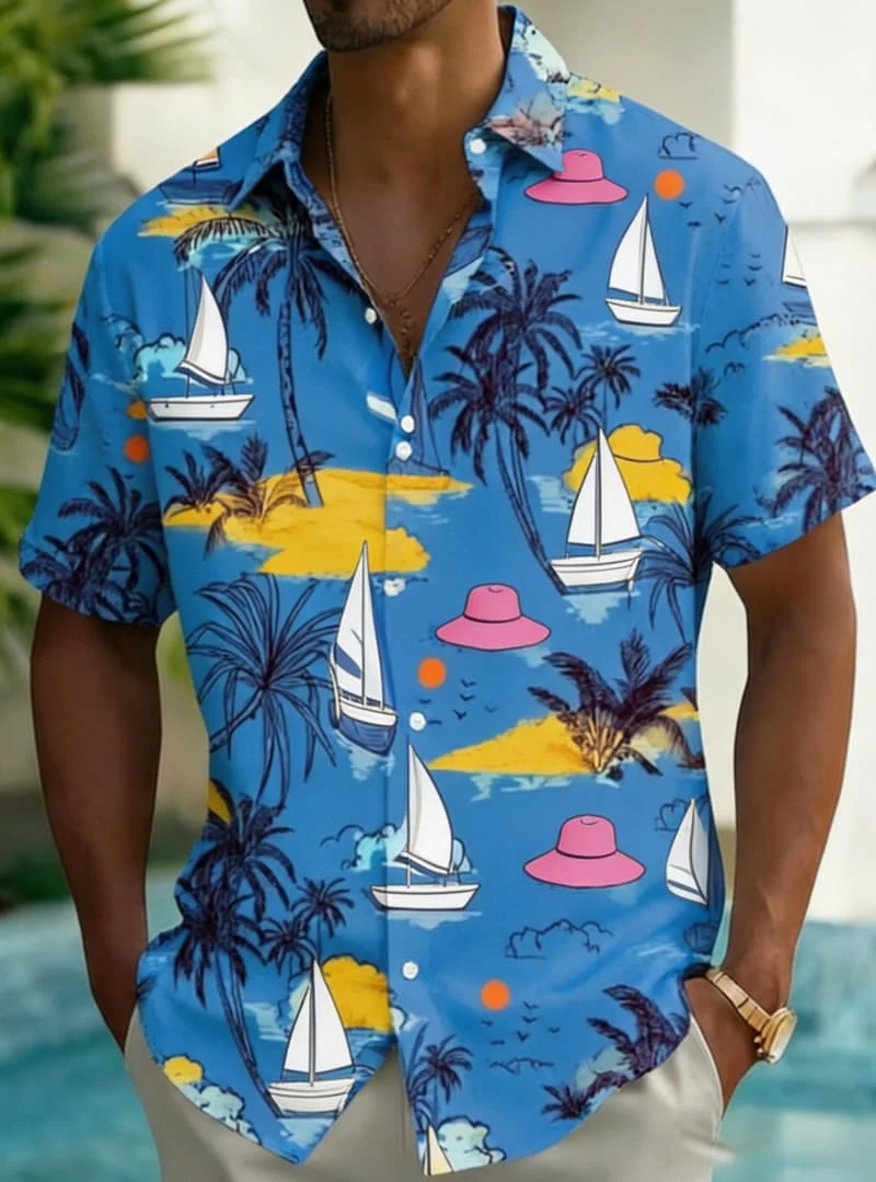 

Men's Tropical Beach Vacation Print Shirt, Exotic Hawaiian Casual Design for Summer Getaway, Daily Wear & Street Style