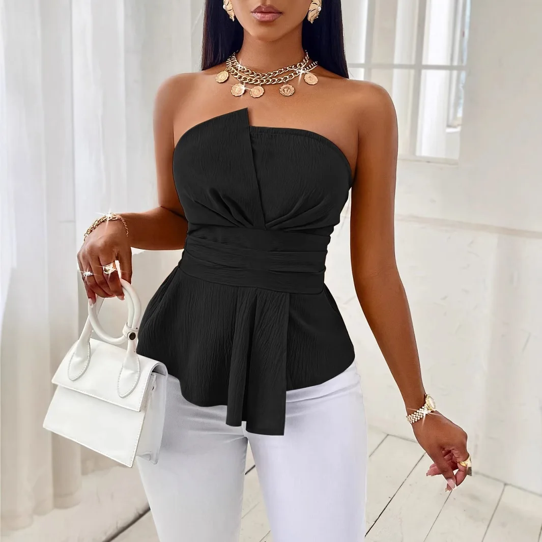 2025年夏新作　おしゃれでセクシーな無地ストラップレスデザインのトップス