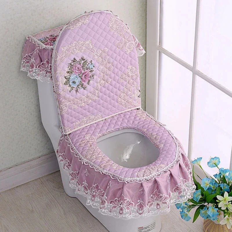 Toilet Seat Mat Water Tank Cloth Cover Three-piece Set Lace Toilet Mat Four Season Universal Fabric Toilet Seat Pad With Zipper