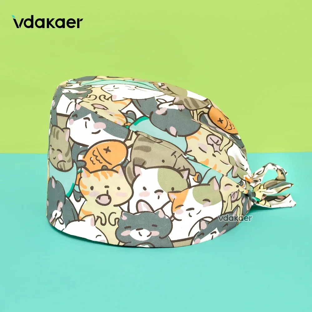 Cute cat Cartoon Print Operation Pure Cotton Cap Nurse Cap Dentist Hat Adjustable scrub caps women and man Medical cap