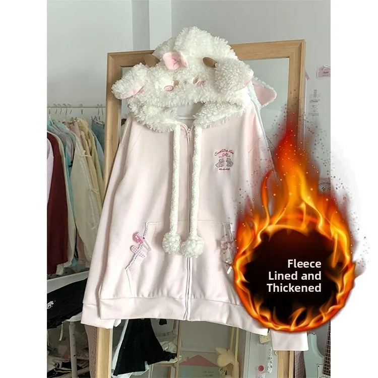 

Y2K японская милая маленькая шляпа ягненка для девочек, толстовка, женская осенне-зимняя повседневная уличная одежда на молнии на подкладке Fce